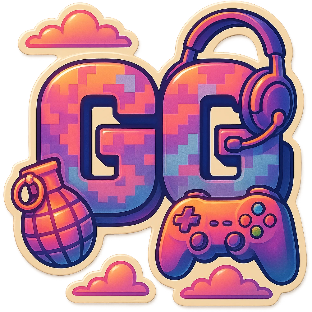 Add a video game controller to the Call of Duty GG emote, maintaining the blocky text, digital camo, and grenade accent, with no background. emoji