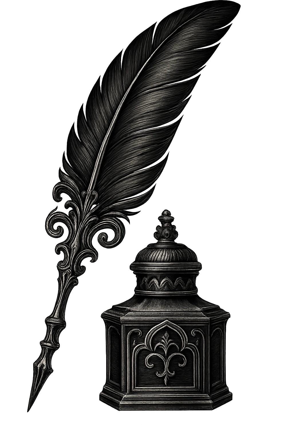 gothic quill and ink bottle, black and silver, no background emoji
