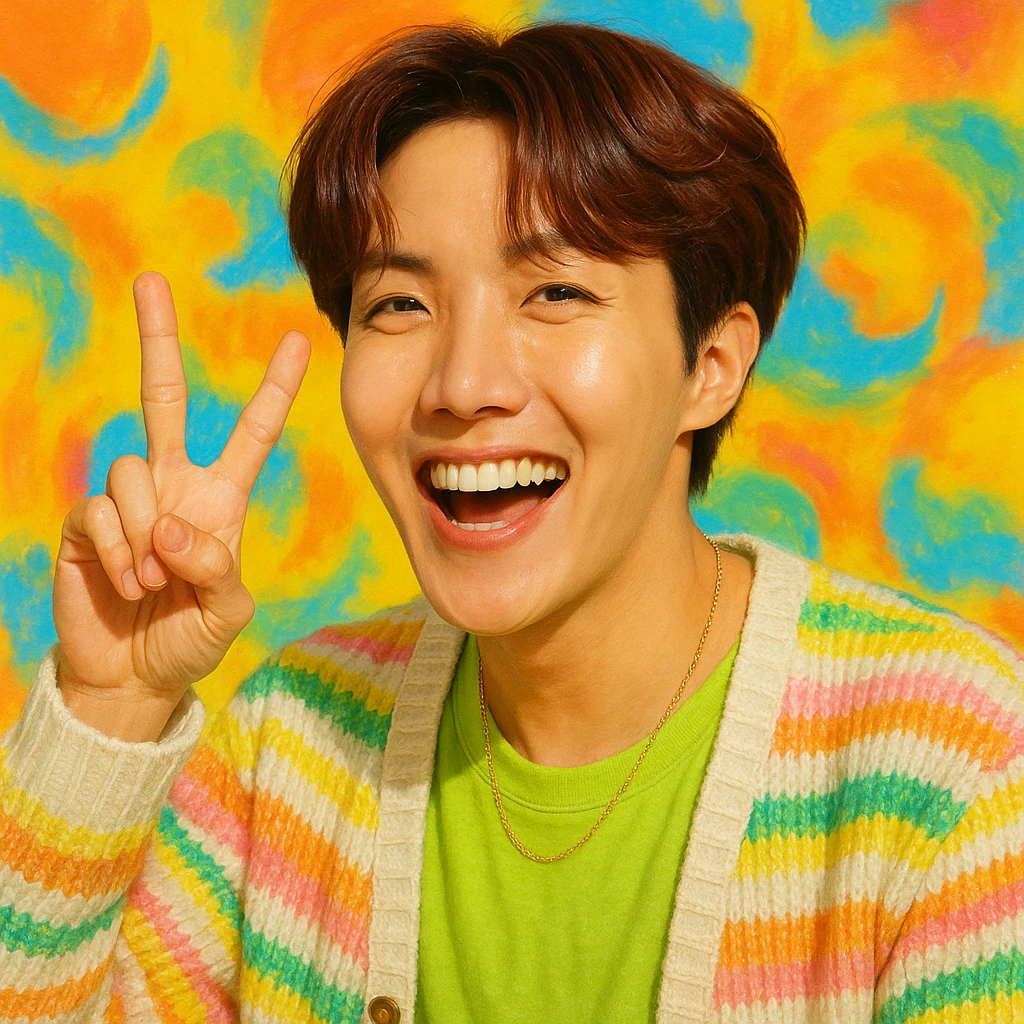 J-hope matching the pose, expression, and style of the second reference image, showing peace sign, big smile, vibrant background, colorful and lively style emoji