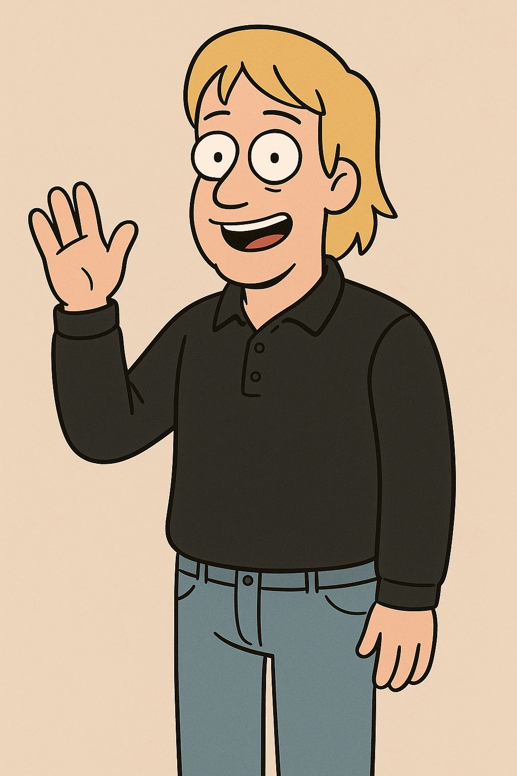 A man straight hair yellow hair Long Sleeve Pique Polo Shirt black lights blue jeans a hand say hello emoji