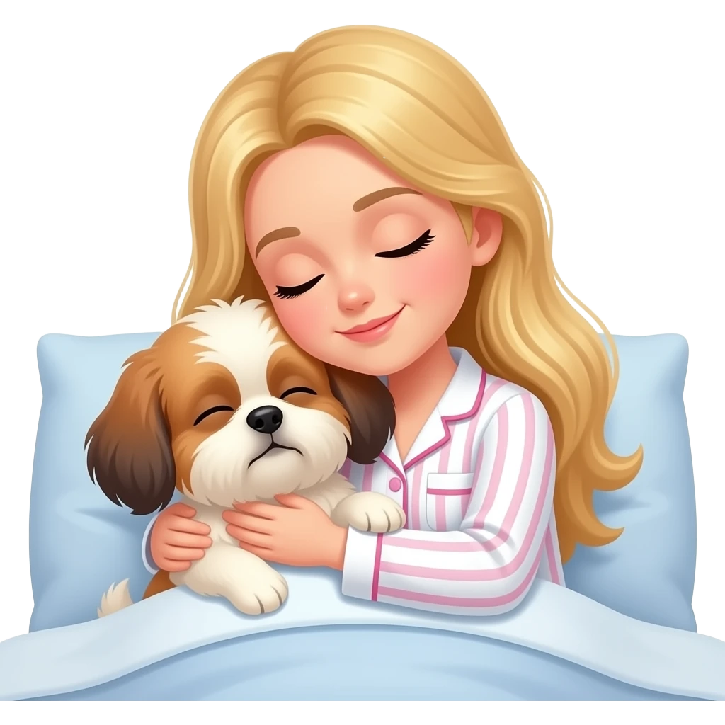 A blonde girl with long hair, wearing white pajamas with pink stripes similar to those from Victoria's Secret, is sleeping in bed hugging her Shih Tzu dog. emoji