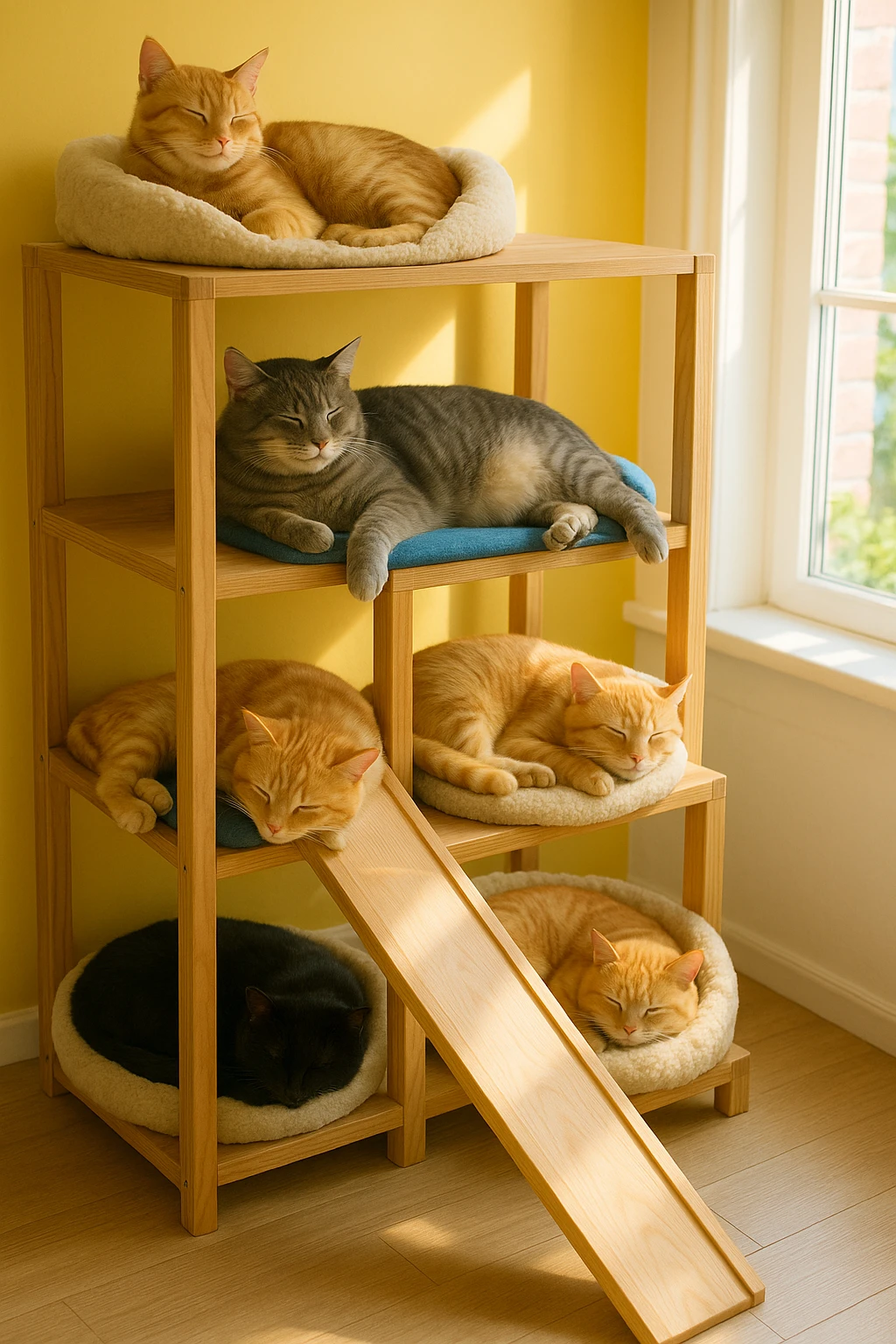 cats relaxing in a vertical playhouse emoji