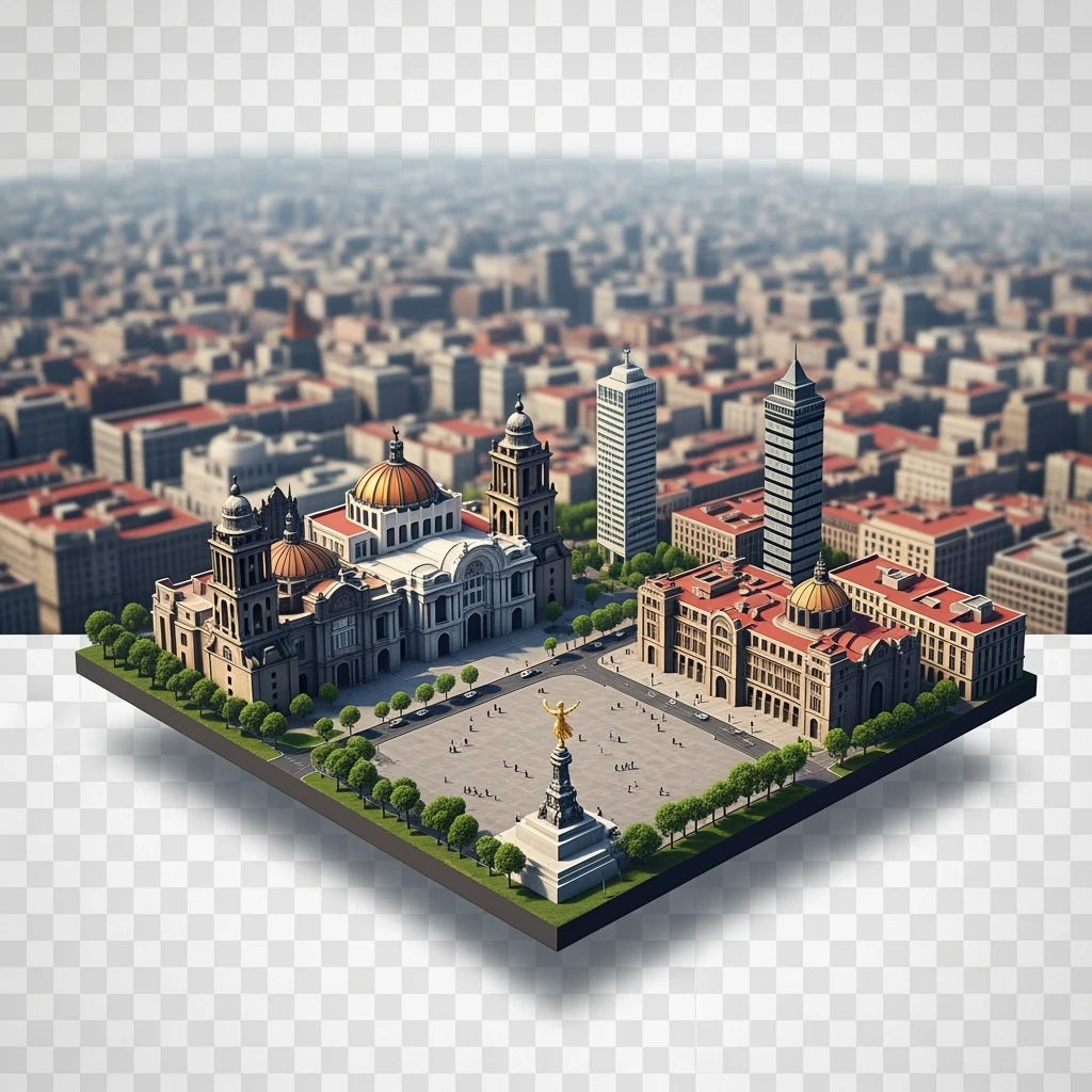 Isometric miniature of Mexico City Zócalo square with Metropolitan Cathedral, Palacio de Bellas Artes, Torre Latinoamericana, Chapultepec Castle, and Angel of Independence, atmosphere of the city 3D miniature effect and Tilt Shift effect, no cartoonish look, transparent background. emoji