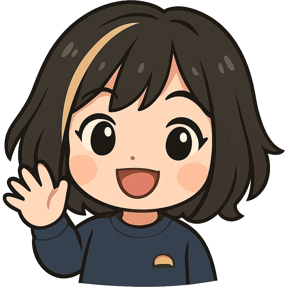 Edit this exact chibi girl to look happy and waving, keeping the same anime chibi style, face, hair, and outfit. Add a big smile, bright eyes, and her hand raised in a waving gesture. Maintain transparent background. Sized for Twitch emoji use. emoji