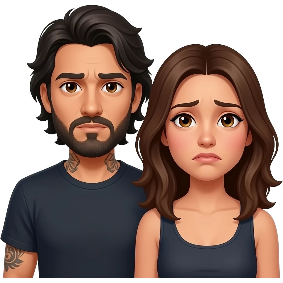 Latino couple man has a beard, medium hair and tattoos and his wife is beautiful with hazel eyes and shoulder length brown hair and their relationship is broken emoji