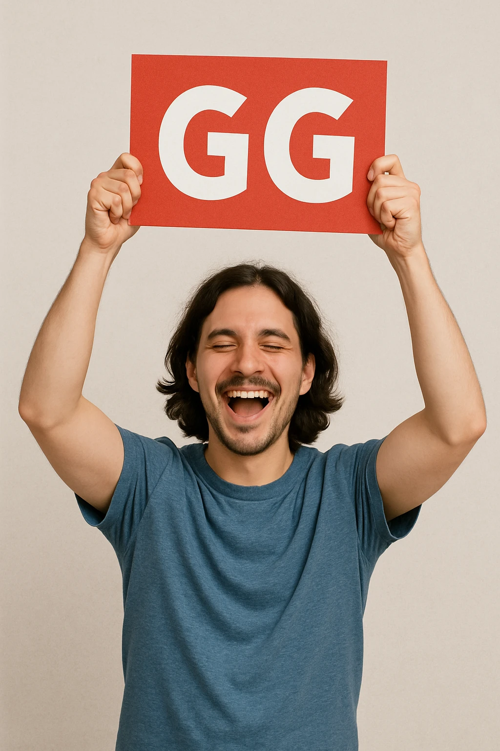 The person in the image is holding the GG sign above their head as if celebrating, the person remains the same. emoji