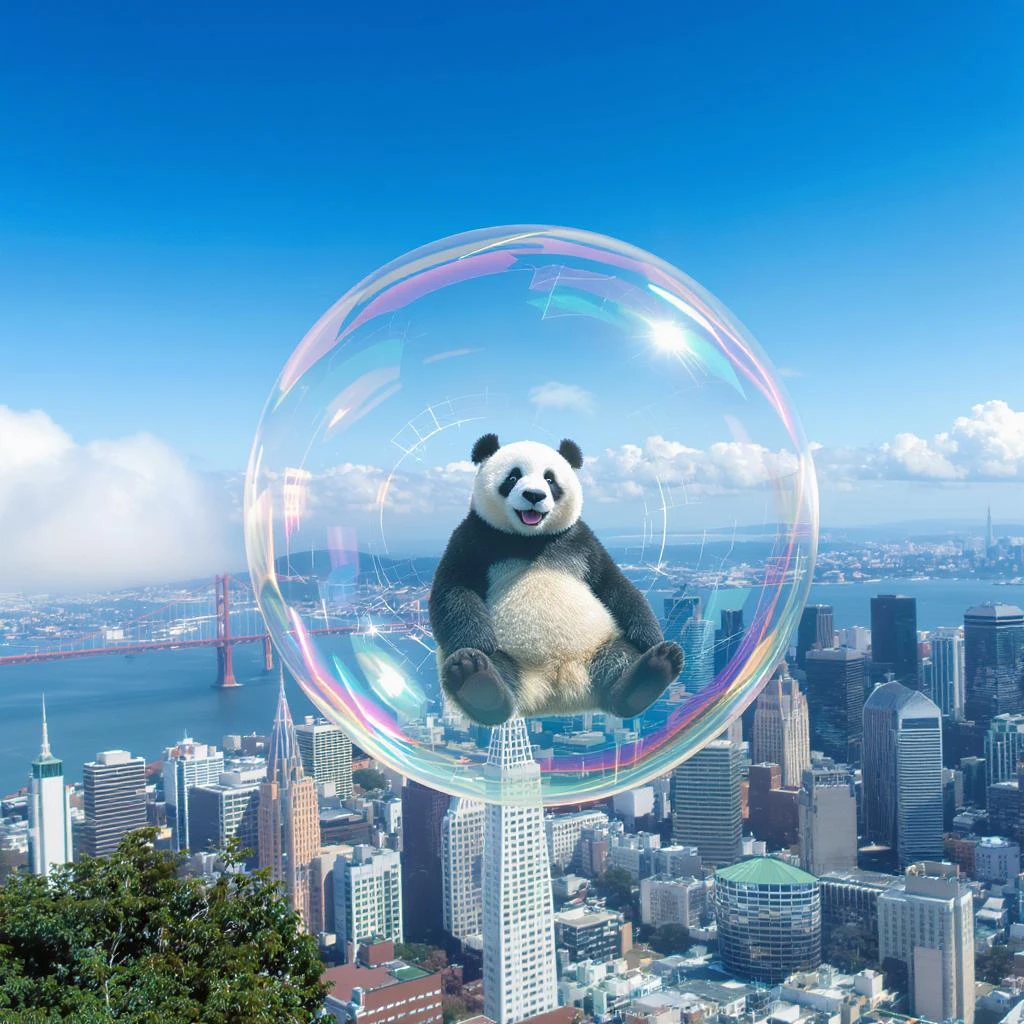 panda bear sitting in bubble flying around San Francisco downtown, sunny summer day, happy vibe emoji