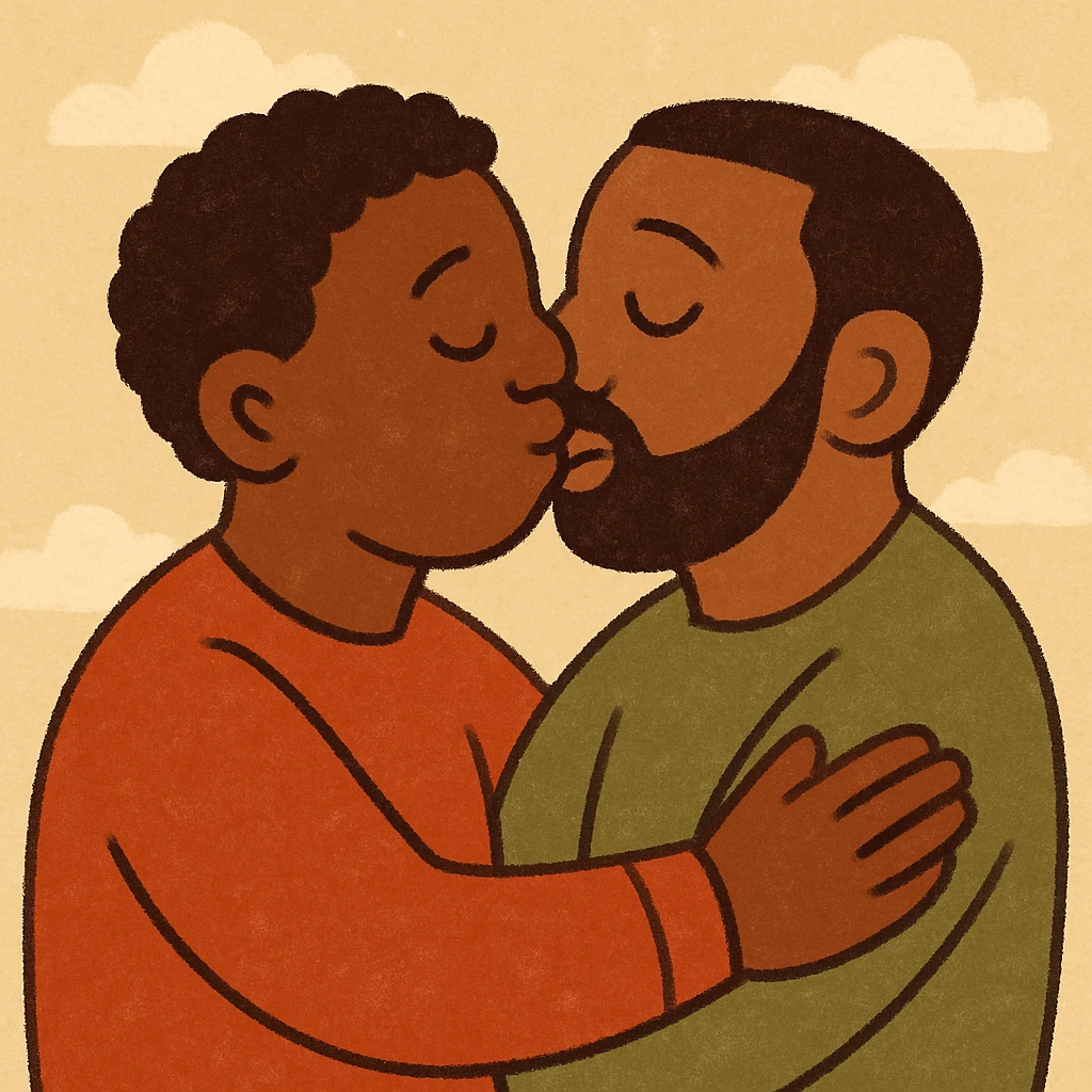 two Black men kissing, cartoon style, playful and joyful, minimal background emoji