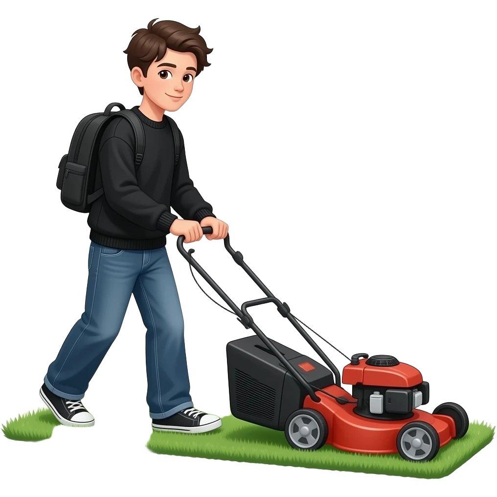 black loose-fitting jeans, black loose-fitting sweater, black backpack, Gen Z boy mowing the lawn with a lawn mower emoji
