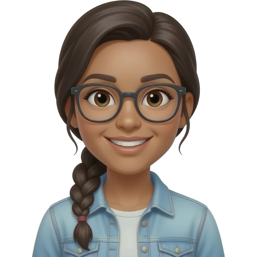 young woman, medium-dark skin tone, long dark hair in a braided ponytail, glasses, casual clothes, smiling, confident emoji