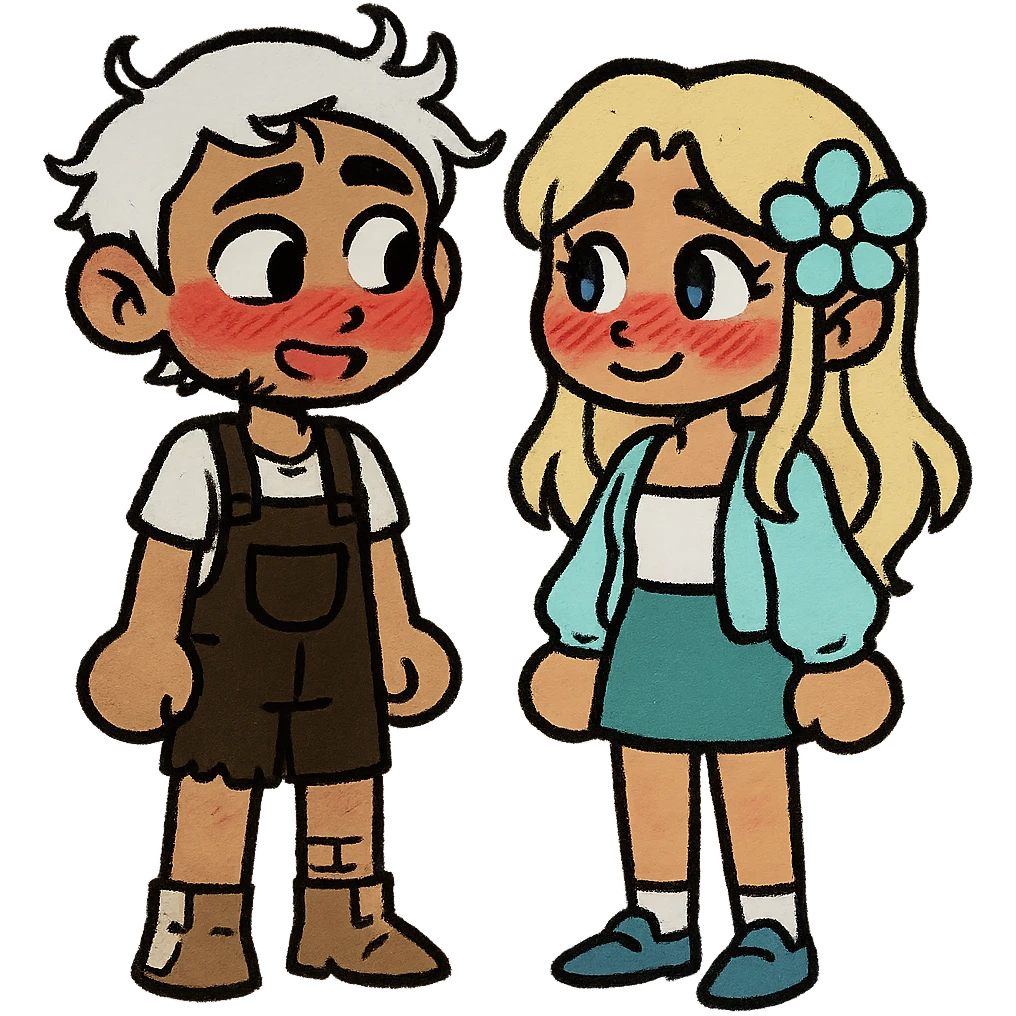Create a couple image of these two cartoon characters standing side by side, both blushing and looking shyly at each other, matching their style, transparent background. emoji