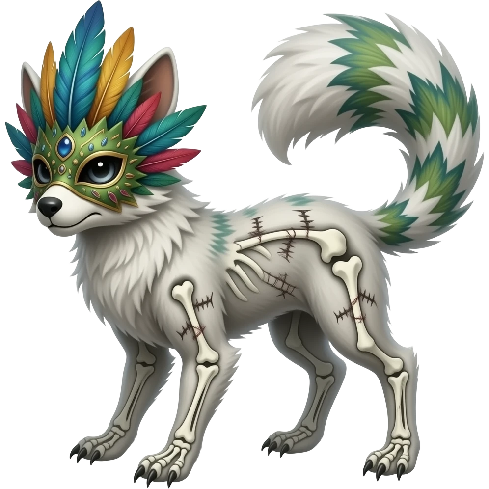 Tropical colorful feathered-masked bleak swampy white-skeletal gloomy dark pale albino foggy eldritch beautiful realistic edgy fantasy ghoul-like stitched vernid-sergal-fursona animal creature with a tufted tail full body with intricate markings emoji