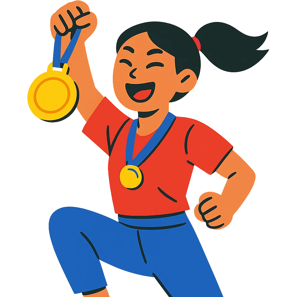asian girl raising a medal in victory, energetic and dynamic pose emoji