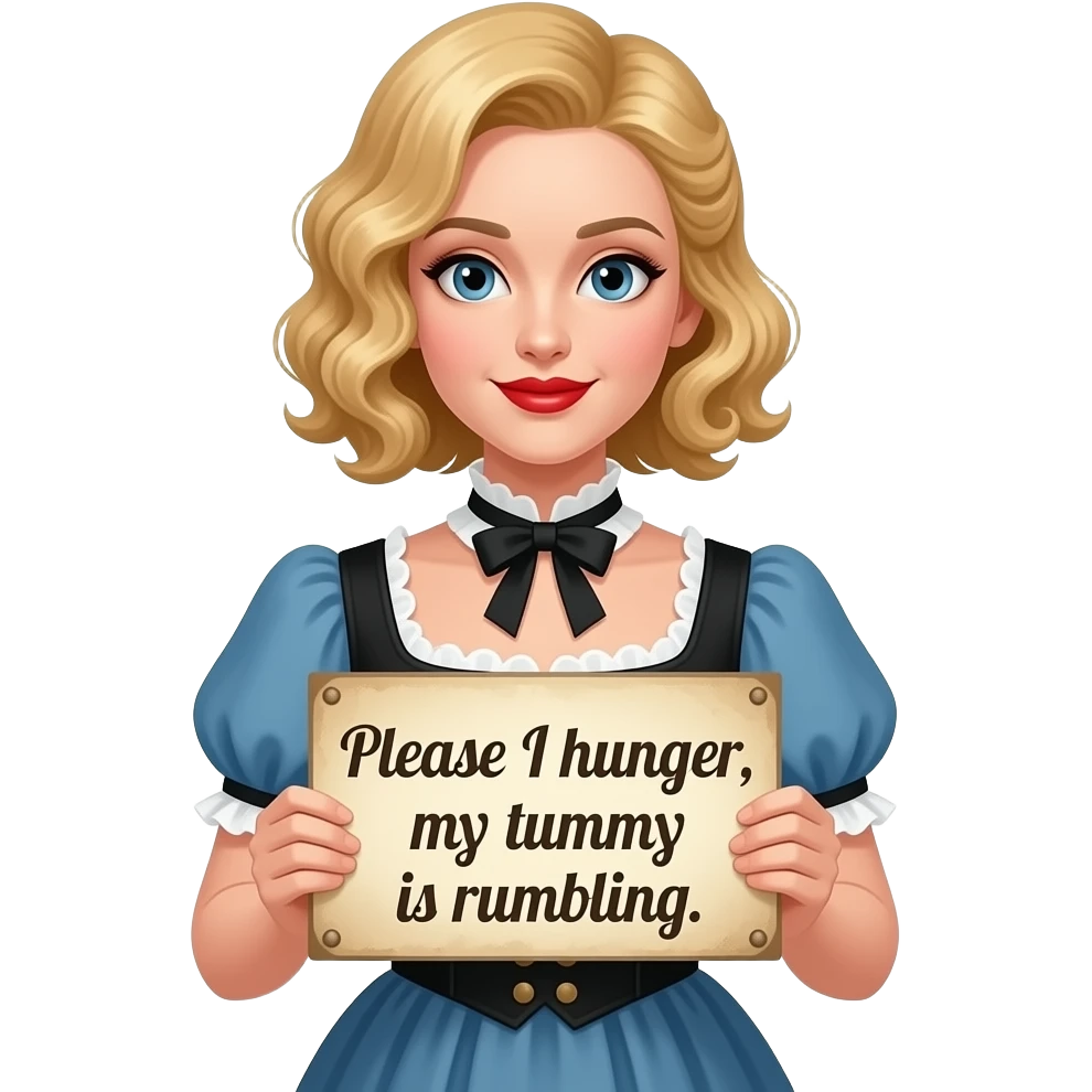 short blonde with spiral curly hair side swept bob with a vintage sign saying please in an 1800 outfit in red lipstickmile, red lipstick with a sign saying I hunger, my tummy is rumbling in a blue and black short sleeve blouse emoji
