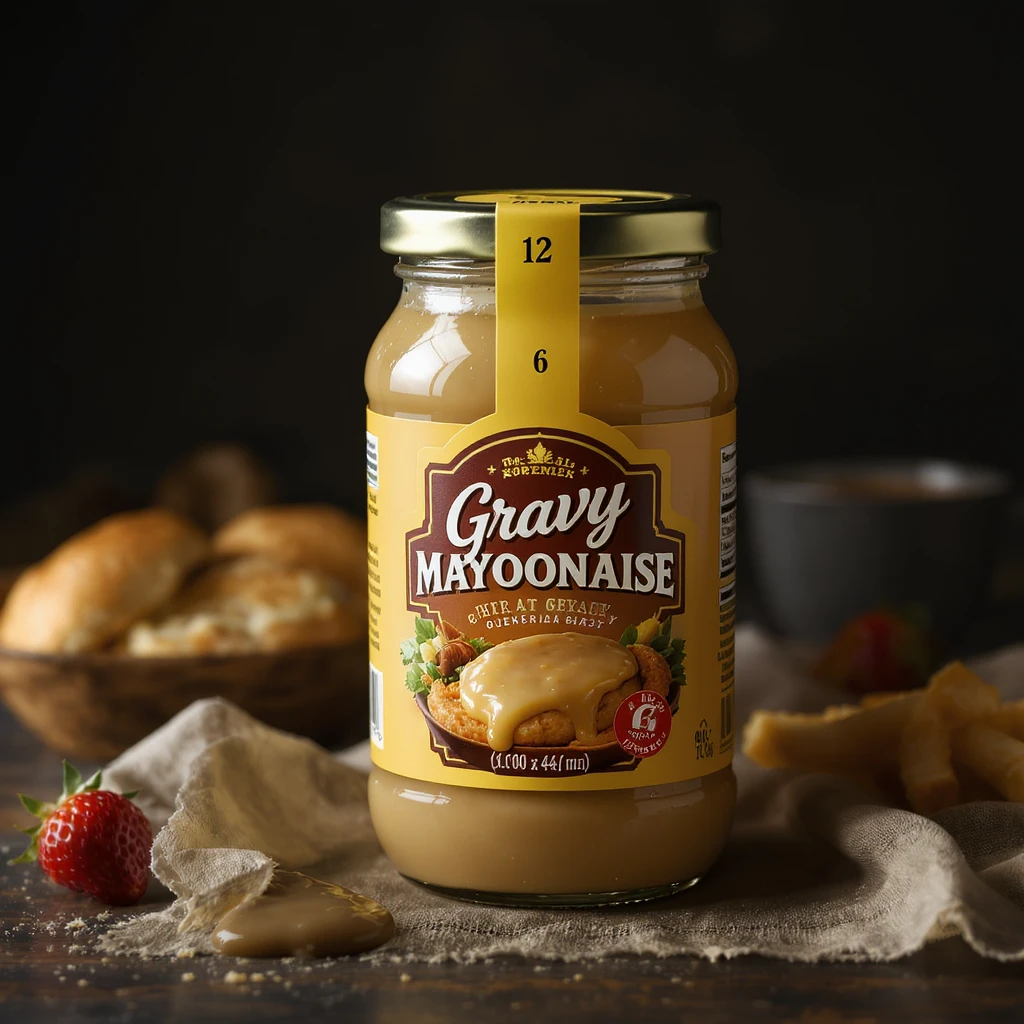 gravy mayonaise hybrid named  gravyonaise, product packgaging, jar emoji