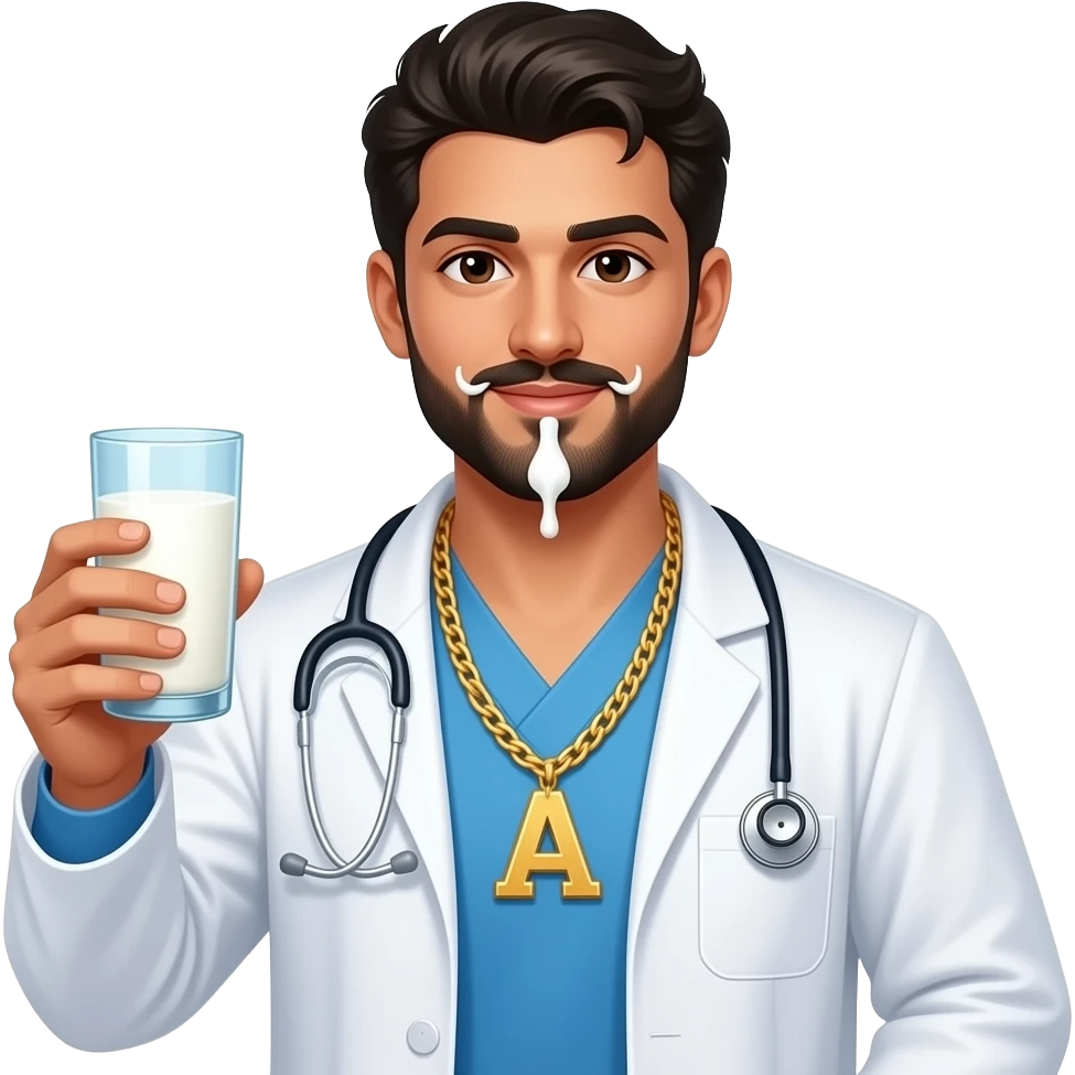 Sexy Arab in Dr's uniform gold chain with the letter A with a white milk mustache holding a glass of milk emoji
