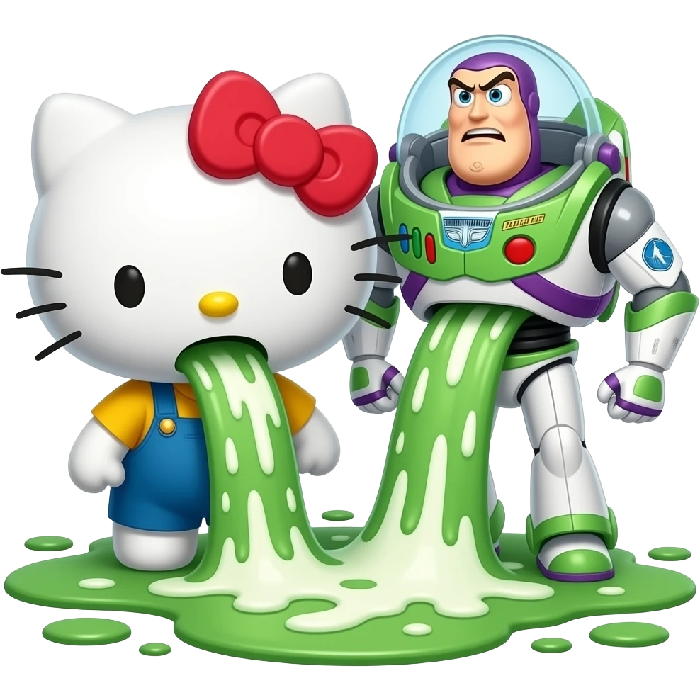 Green and white, throwing up—Hello Kitty and Buzz throwing up too are throwing up together, a lot, covering the ground in vomit; it's gushing out of her mouth like Niagara Falls angry emoji