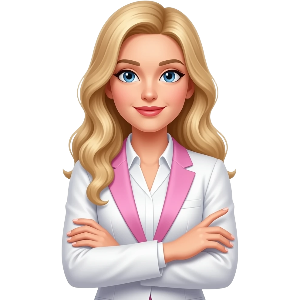 long blonde haired woman gesturing "No" arms crossed in front of her. wearing a white and pink business suit. emoji