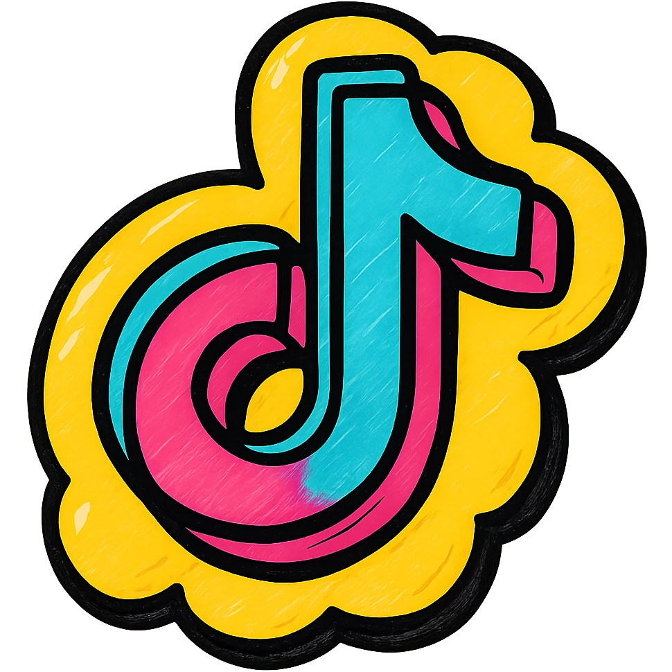 puffy cartoonish TikTok logo in blue pink and white with bold outlines deep shadows bright highlights rounded dimensional TikTok symbol outlined colorful style no background emoji