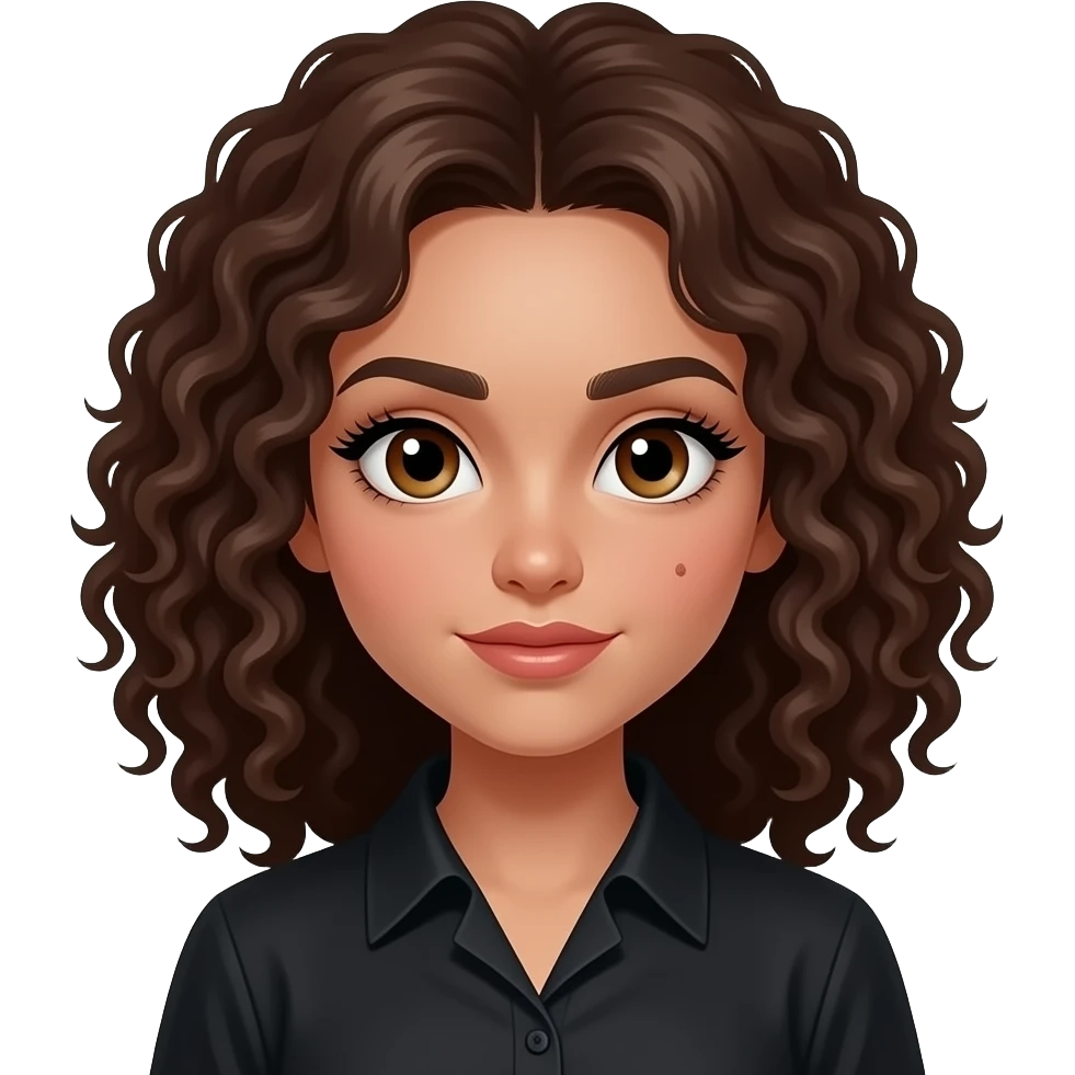 girl with dark, curly brown hair, light-goldenish-brown skin, big brown eyes, long lashes, thick eyebrows, a single dimple on her left cheek, vampire shirt. emoji