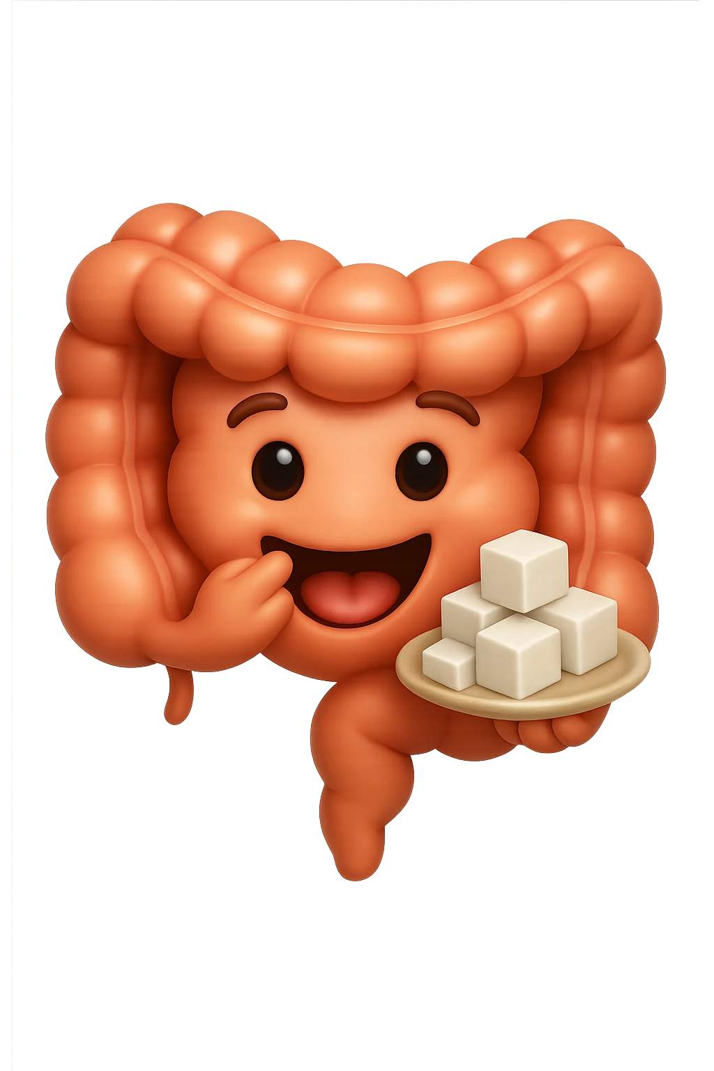 emoji stile iphone di un intestino anatomico che mangia zollette di zucchero, iperrealistico 4k, isolato su sfondo bianco emoji