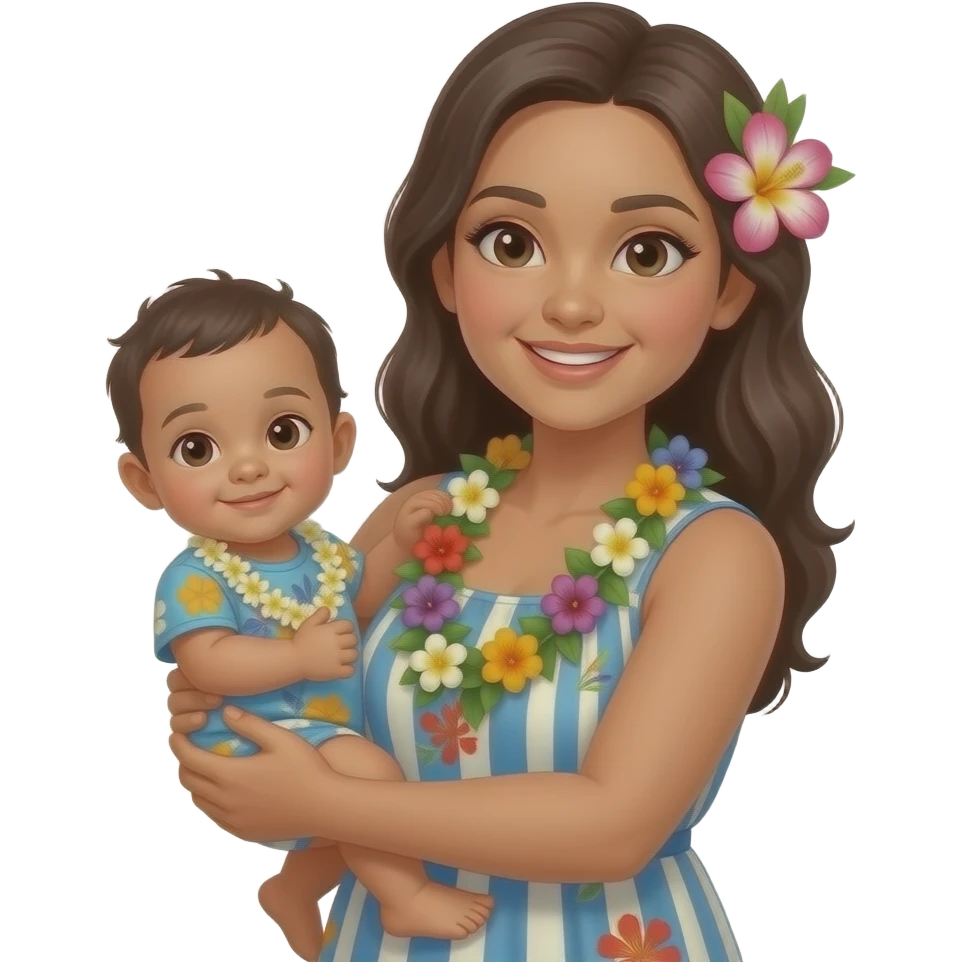 🧍🏼‍♀️ holding a baby on her hip, change the baby to look Hawaiian emoji