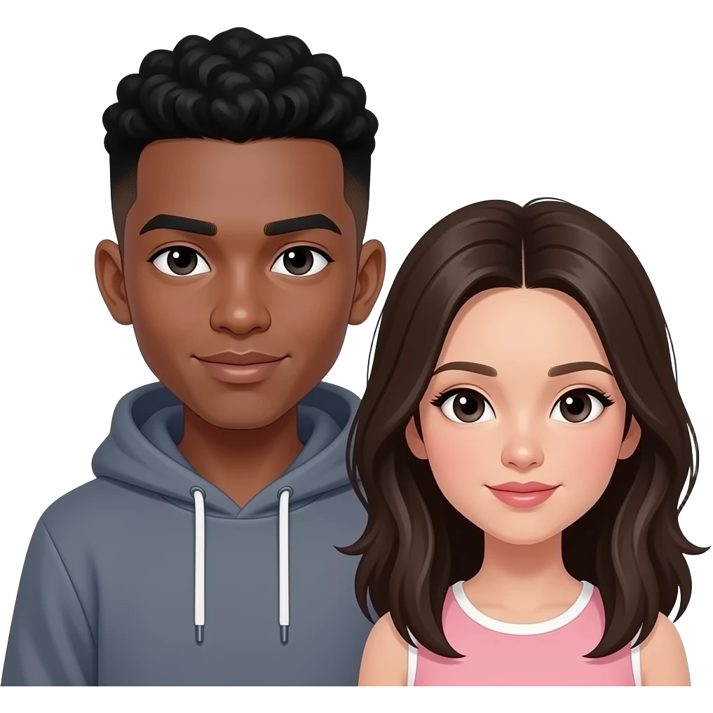 very dark skin, super hooded asain eyes, male, staight fade haircut, thick lips, soft flat nose, teenager, add a girl next to him emoji