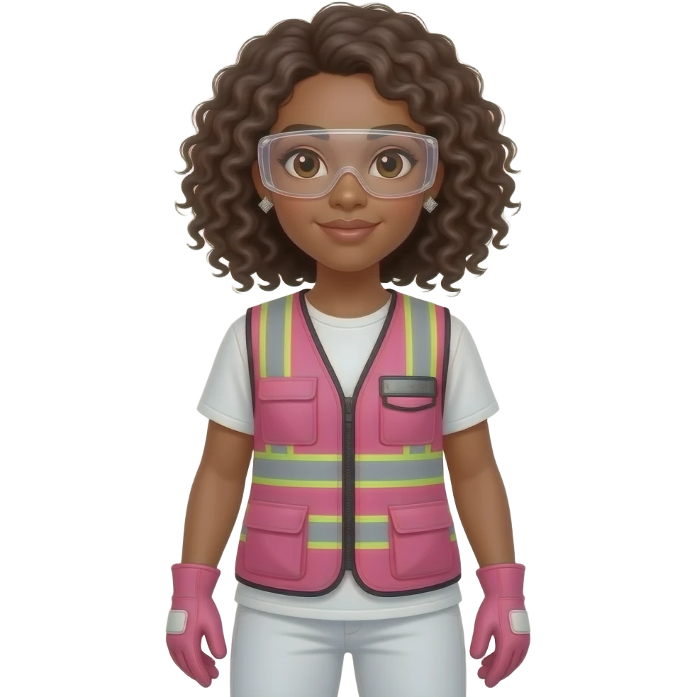 African American light skin woman with brown eyes with a shoulder length curly fro hair wearing diamond earrings wearing pink and clear safety glasses wearing a pink construction vest wearing white pans wearing pink construction vest wearing white pants wearing pink construction gloves emoji
