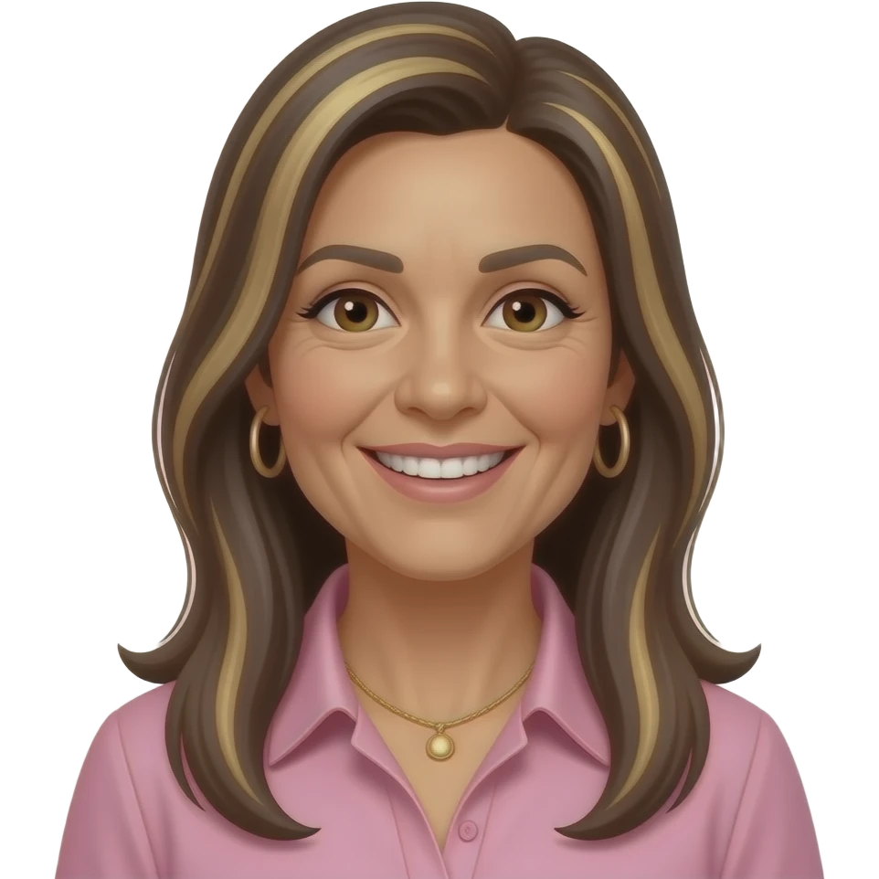 woman early 50s, dark brown eyes, very long straight hair all with highlights one length with side parting, hoop earrings, necklace, pink collared shirt, slighlty tanned skin, open smile, lighter skin, hair hightlights with open smile with teeth emoji