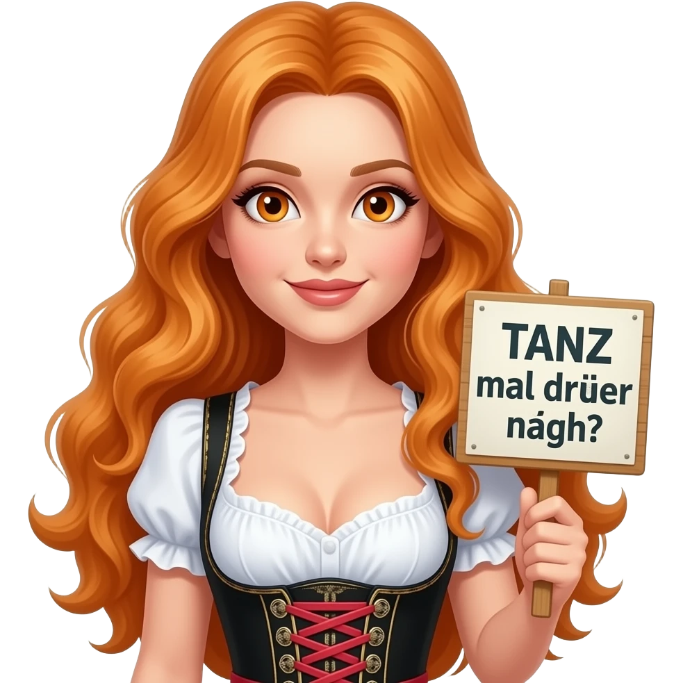 sexy girl with overlong ginger hair and ginger eyes wearing a dirndl holding TANZ mal drüber nach sign emoji
