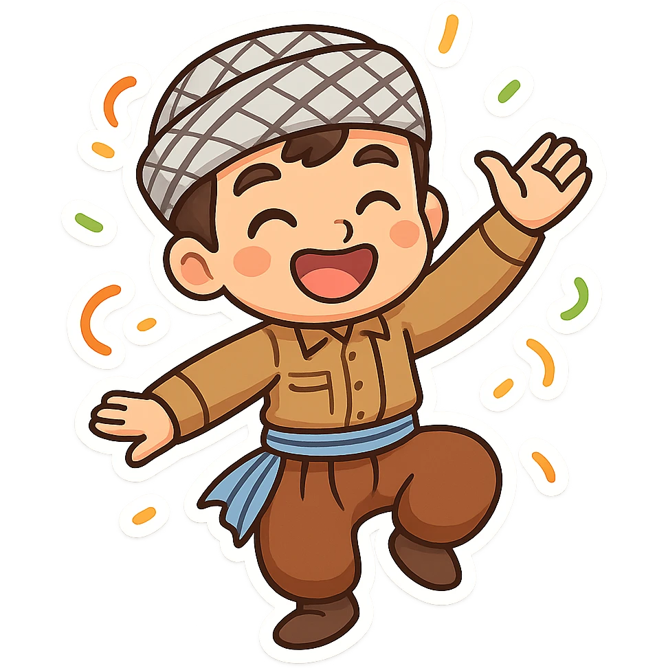Create a colorful and cheerful Kurdish cartoon sticker in chibi style. Show the traditional Kurdish clothing and a dancing pose. The background should be transparent. Suitable for WhatsApp and Instagram. emoji