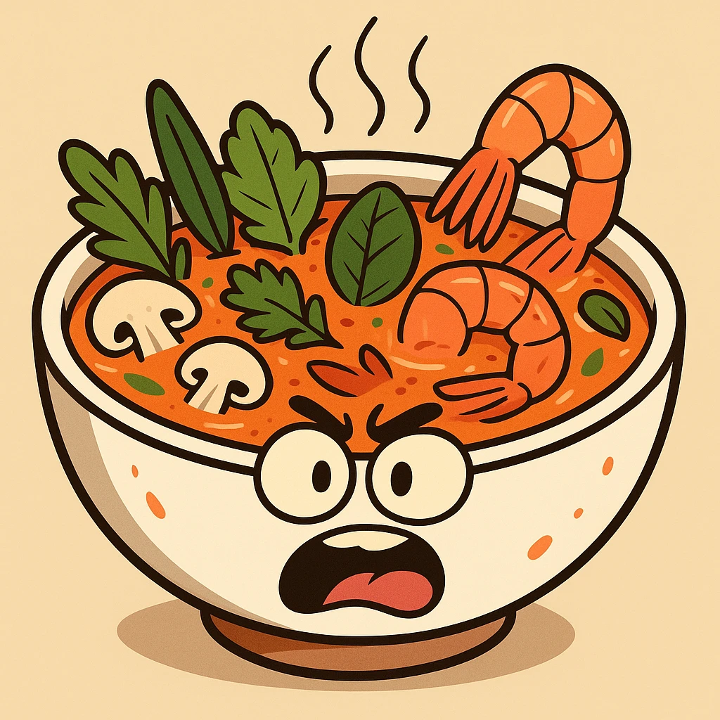 tom yum soup, cartoon style, bowl with herbs, shrimp, and mushrooms, spicy and aromatic, playful look emoji