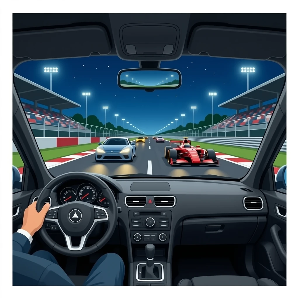 Interior car on a race track with cars and race cars emoji