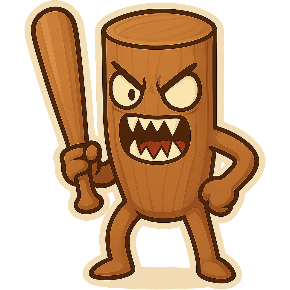 Make the chibi Tun Tun Suhoor wooden stick character look scary, with wide menacing cartoon eyes, sharp teeth, and a dramatic pose, in the chibi stickers style, with no background. emoji