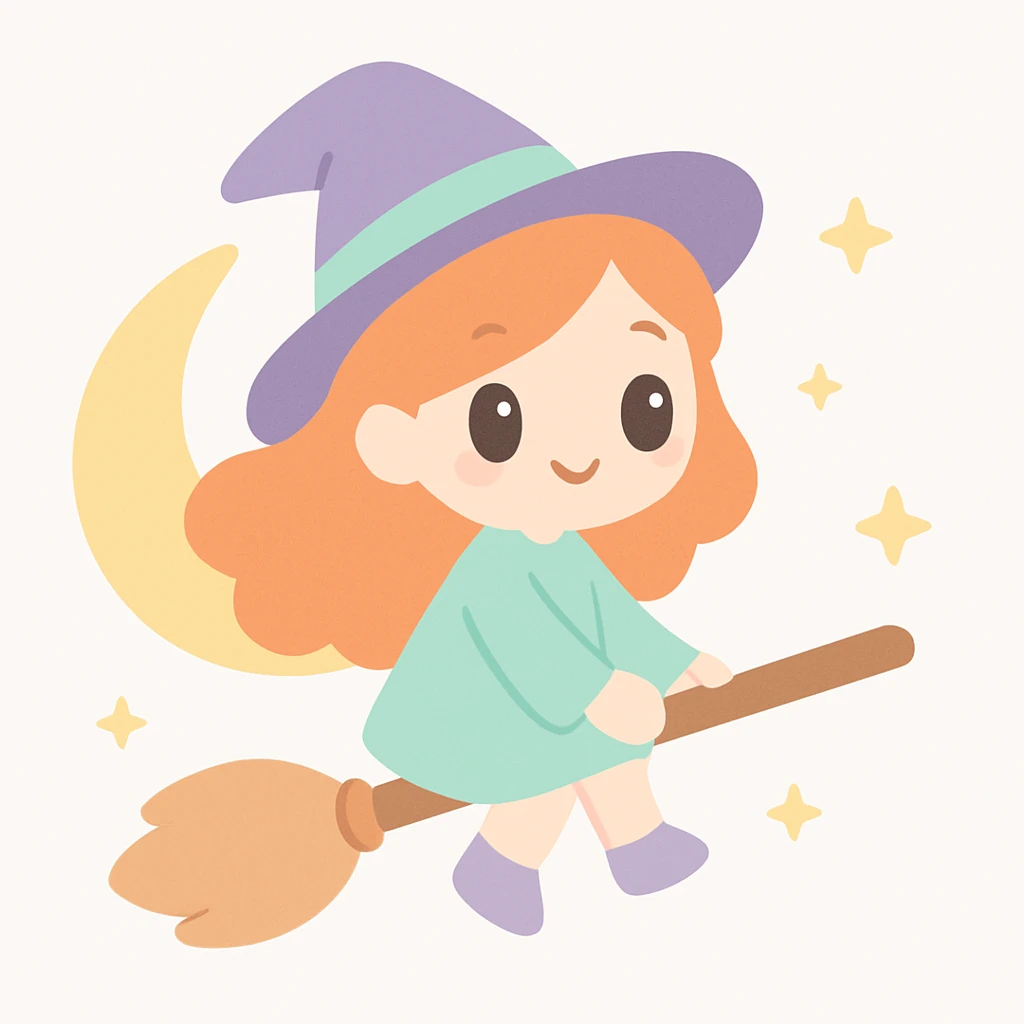 a ginger witch flying on a broomstick, orange hair flowing, crescent moon background, whimsical and cute style emoji