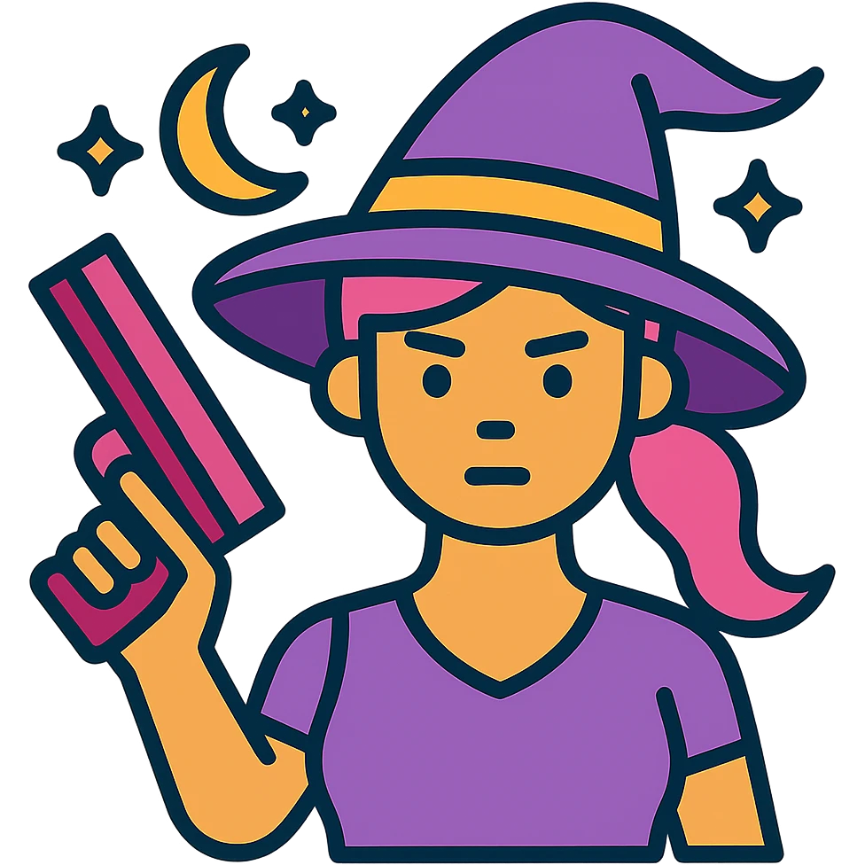 Add witchy vibes to this girly enforcer icon by including magical elements like a witch hat, crescent moon, and sparkles. Keep the style modern, feminine, and outlined with no background. emoji