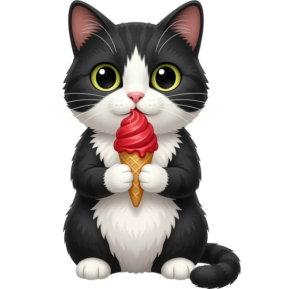 balck and white cat hold w ice cream with red scope with hands sitting pose front view ' emoji
