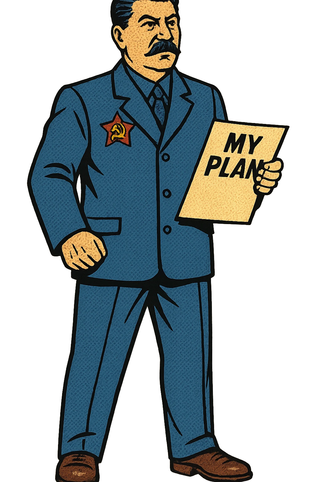 A full body image of a political leader who looks like Joseph Stalin and who is wearing a blue suite with a large badge of the communist party on his jacket.  He will hold a sheet of paper with the word 'My Plan' on it. emoji