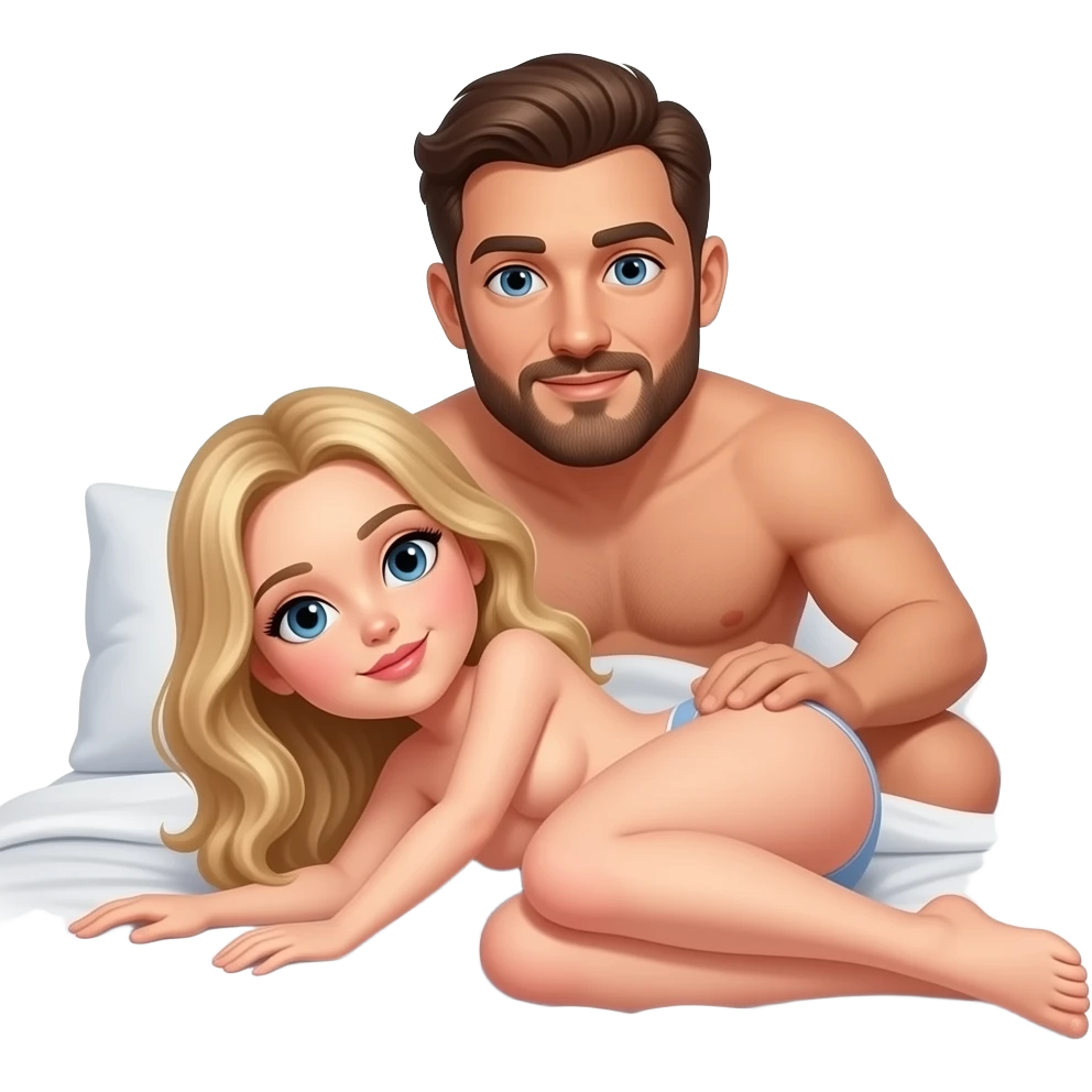 Full body emoji of Naked man with brown hair and a beard having sex with a naked woman with blonde hair on a bed with the man behind the woman without underwear emoji