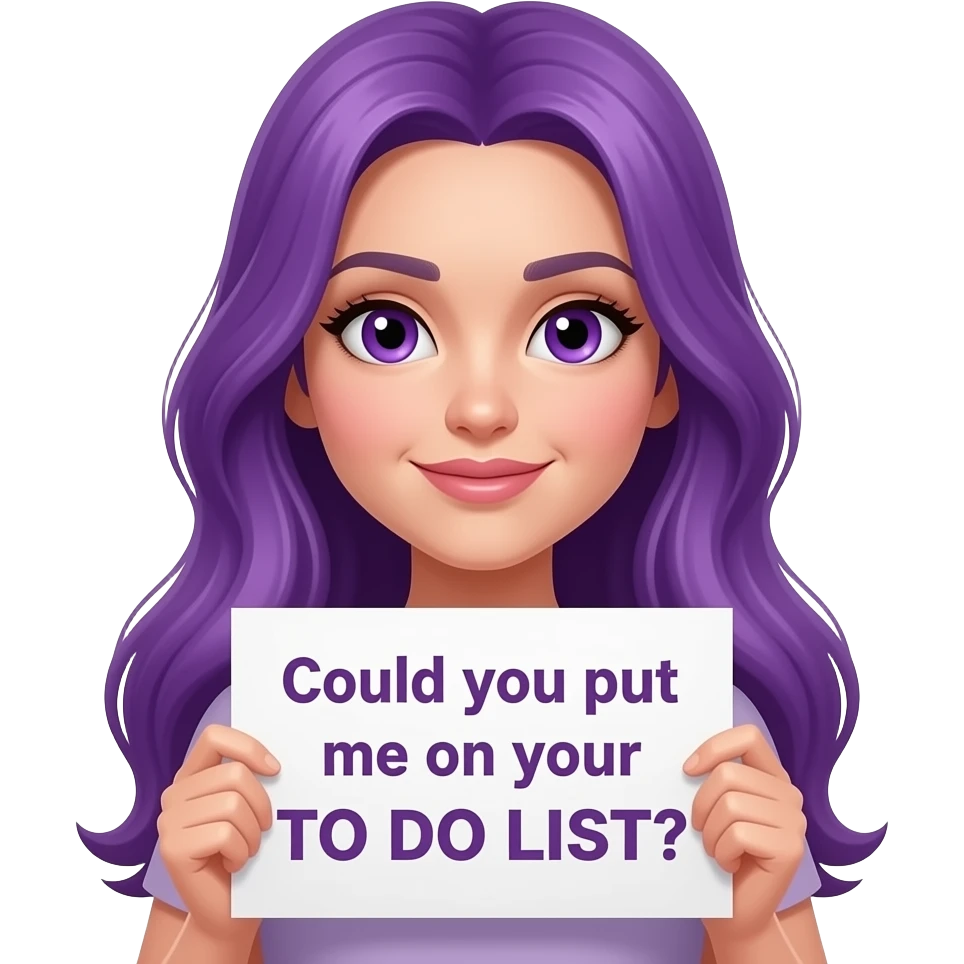 sexy girl with long purple hair and purple eyes holding a Could you put me on your TO DO LIST? sign emoji