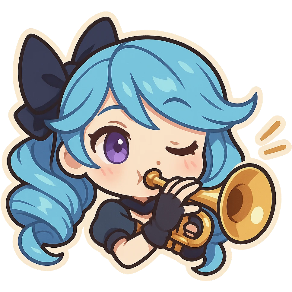 chibi style emote of Gwen from League of Legends, just the head, right eye purple, playing a trumpet emoji