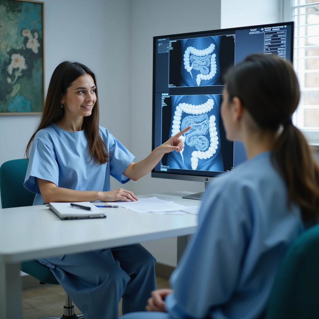 Hyperrealistic 4K image of a woman in a clinic gown during a colonoscopy consultation, pointing to a map of abdominal inflammation, while a doctor shows her endoscopic images of ulcerated intestines, medical office environment, clear details, professional atmosphere emoji