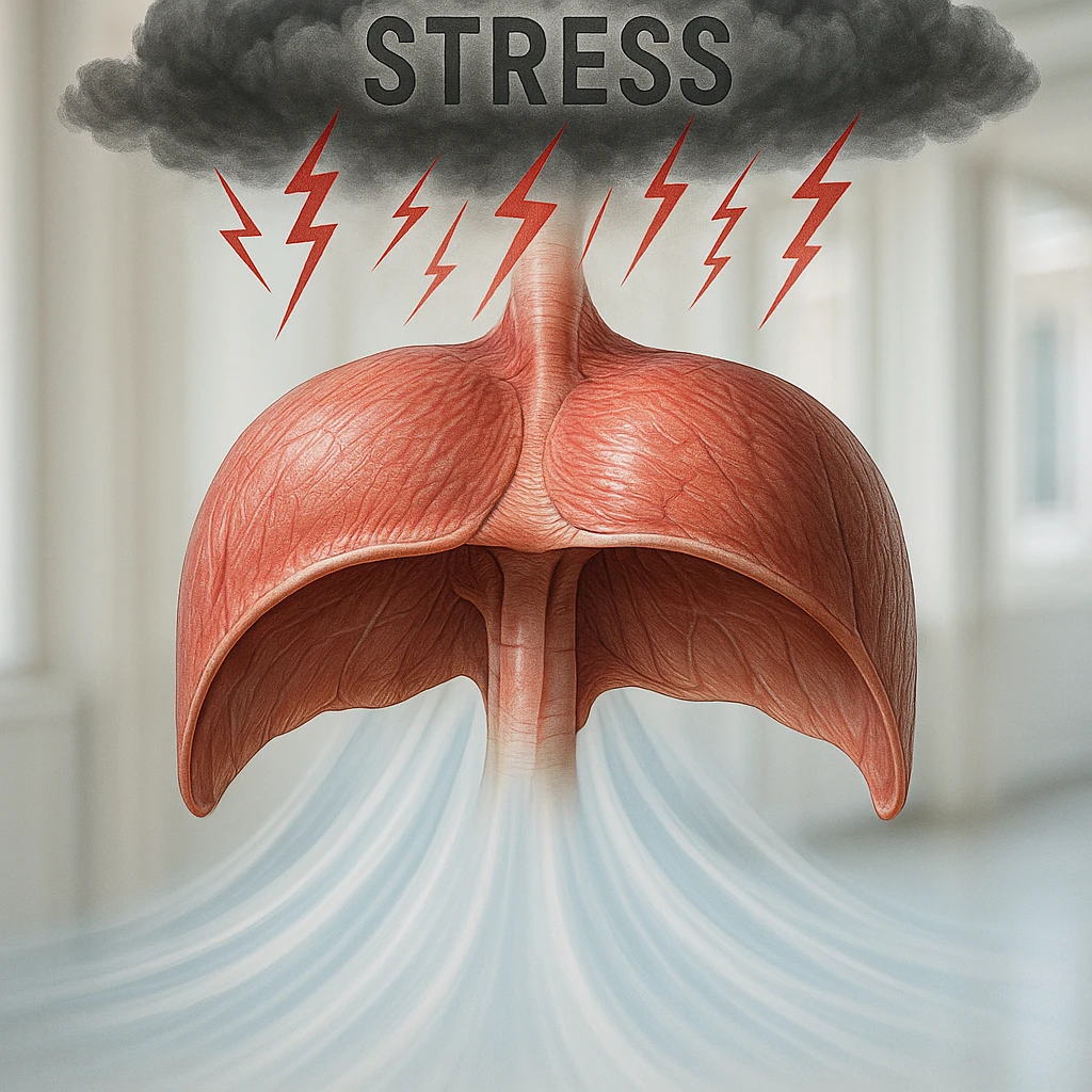 hyper realistic image of diaphragm as filter: above stress symbols like dark clouds or red lines, below clean calm air, anatomical details, visual separation effect, clinical environment, natural light emoji