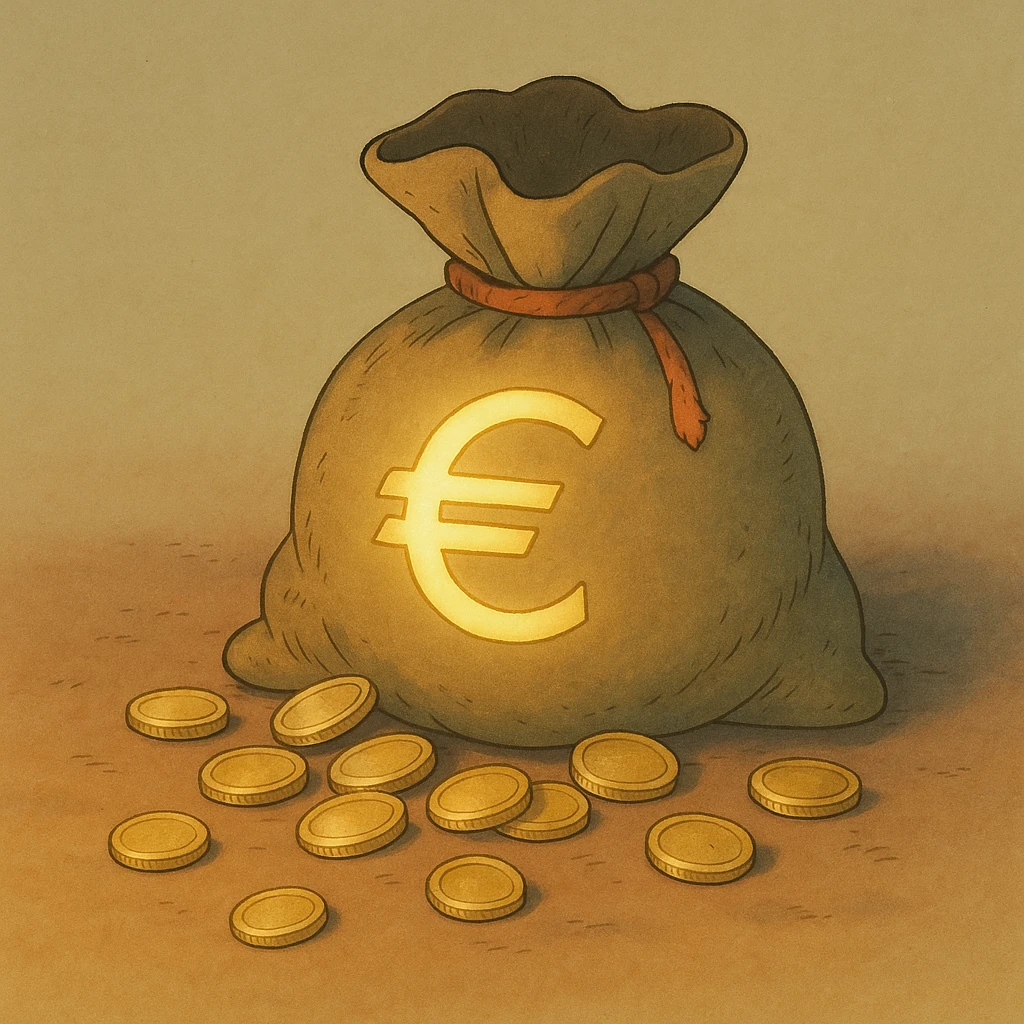 ghibli style money bag with euro symbol, slight glow, coins spilling out, simple background emoji