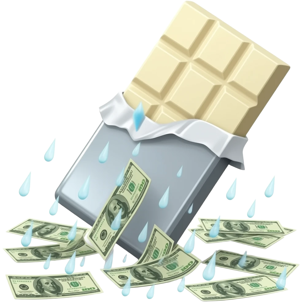 Tableta de chocolate blanco que le caen en forma de lluvia billetes emoji