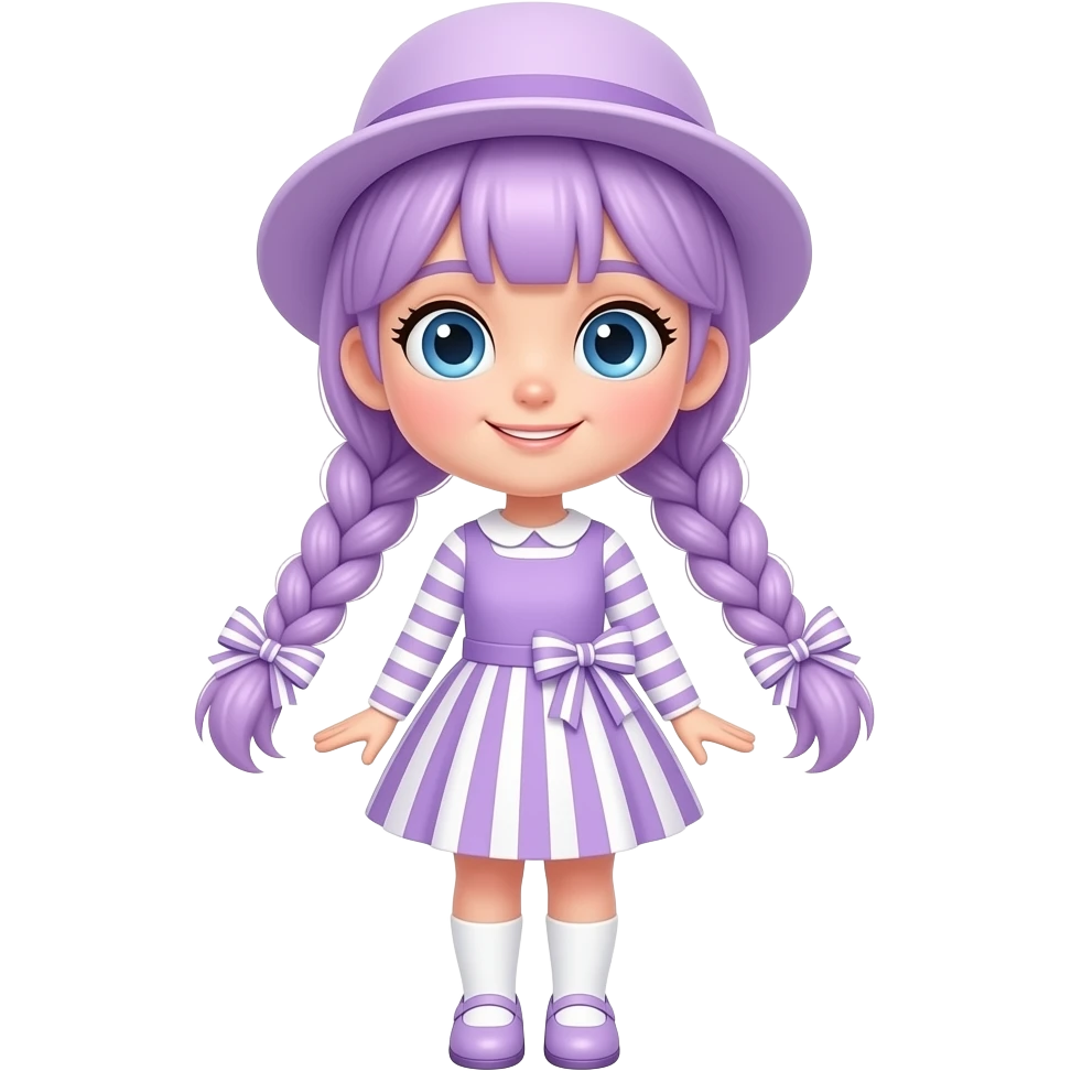A girl with pale purple hair tied in two braids, and blue eyes and wearing a pale purple dress with pale purple and white striped sleeves, a pale purple and white striped skirt with a pale purple frill, a pale purple and white striped bow, a pale purple hat, white socks and pale purple shoes. emoji