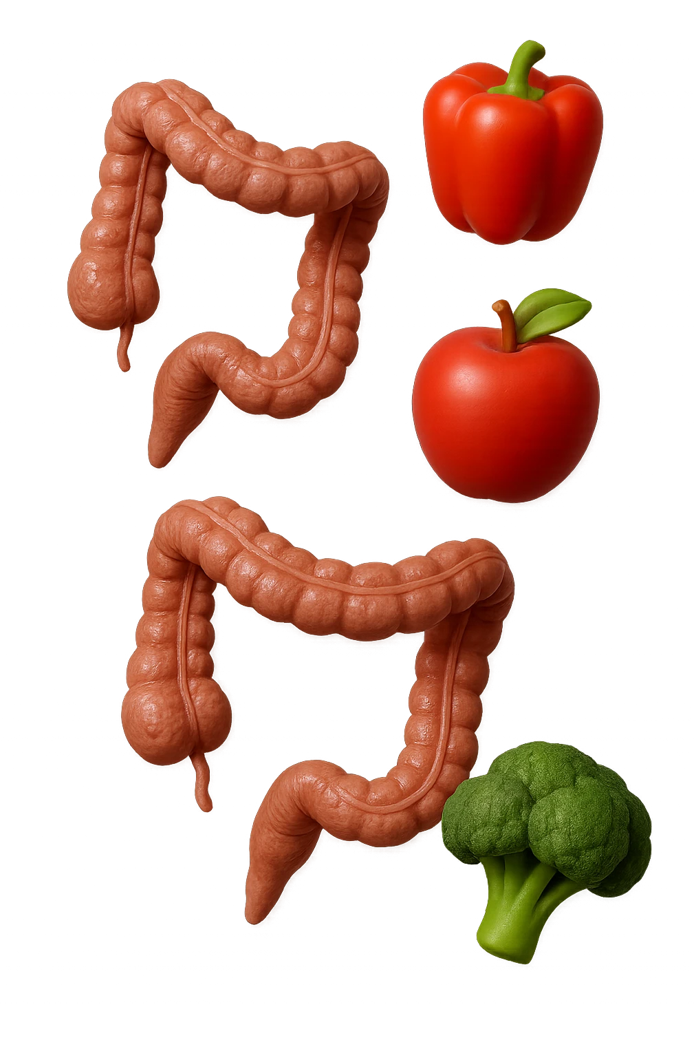 emoji stile iphone in 3d di cibo sano che fluttua in aria vericalmente insieme a pezzi di colon umano anatomico, iperrealistico 4k emoji