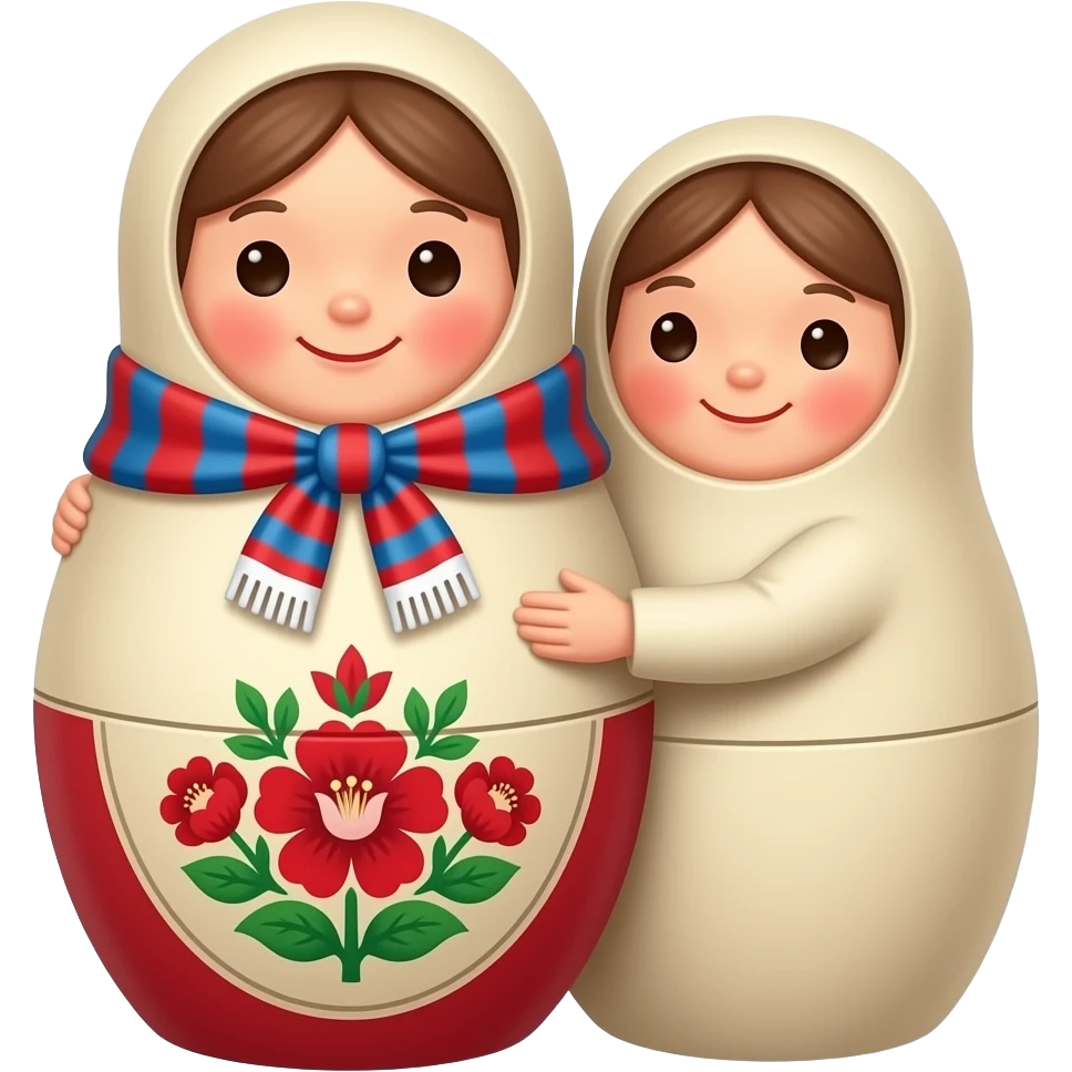 Two nesting dolls (matryoshkas) hugging each other. One has a Russian scarf with traditional red floral pattern, the other has a neutral simple dress. Both are smiling warmly. Simple flat vector, round emoji style, bright pastel colors, friendly, no shadows. emoji