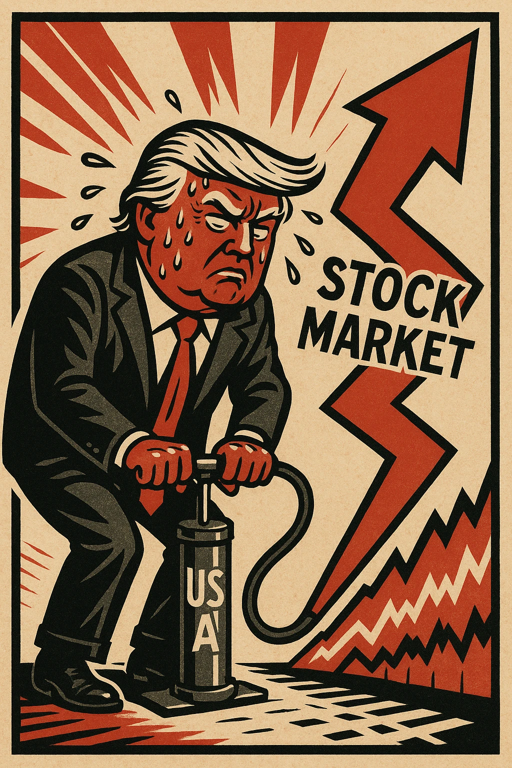 Дональд Трамп в стили пропагандисткой карикатуры в поте лица качает через насос, который подключен к фондовому рынку emoji