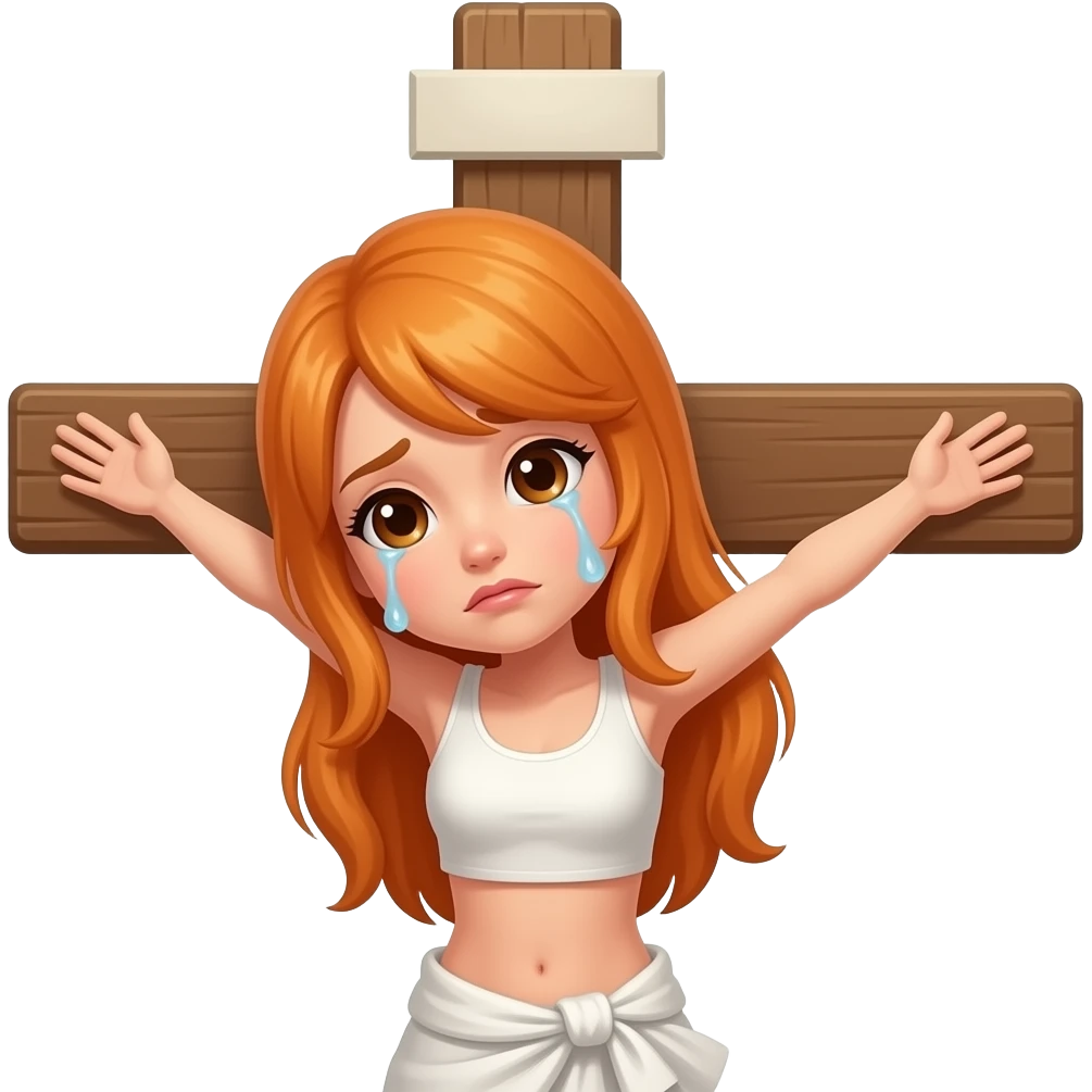 Woman crying with orange hair and brown eyes being crucified on a cross emoji